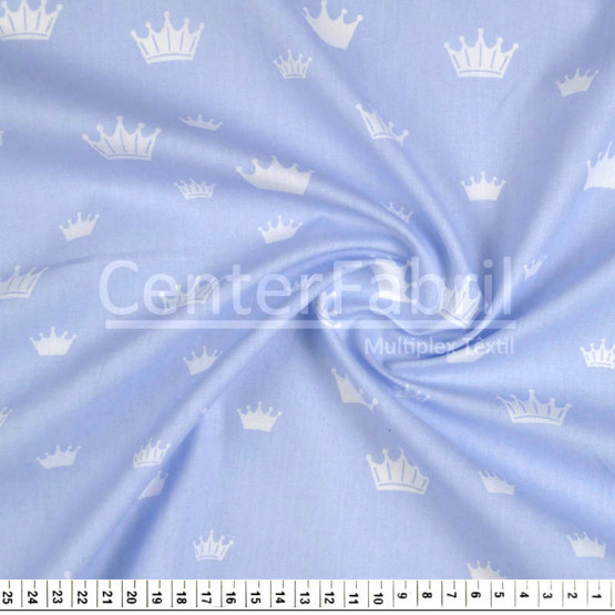 Tecido Tricoline Estampa Coroa Branca Fundo Azul Larg 1,47mt 100% algodão Preço por Metro -120gr/m2