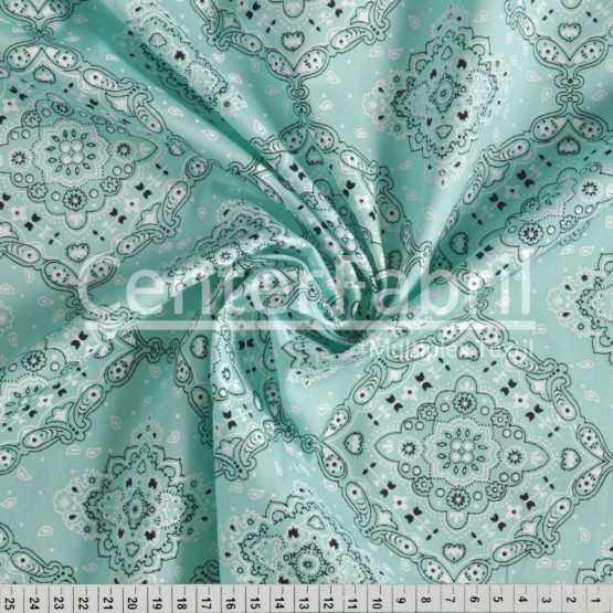 Tecido Tricoline Estampada Bandana Verde Água Larg.1,50mt 100% Algodão