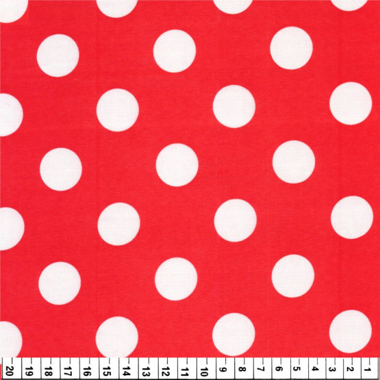 Tecido Cetim estampado Vermelho Bola Média Branca Larg. 1,47mt 100% Poliester 78gr/m2