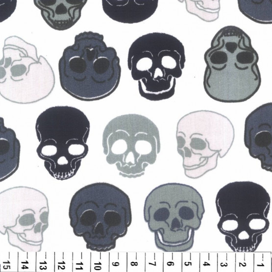 Tecido Bandana Cranio Preto Fundo Branco100% algodão PRECO POR METRO