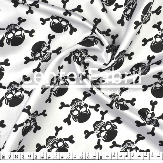 Tecido Cetim estampado Caveira Preta Fundo Branco Larg. 1,47mt 100% Poliester
