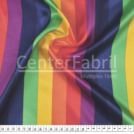 Tecido Cetim Estampado Listras Coloridas Larg. 1,47mt 100% Poliester 78gr/m2