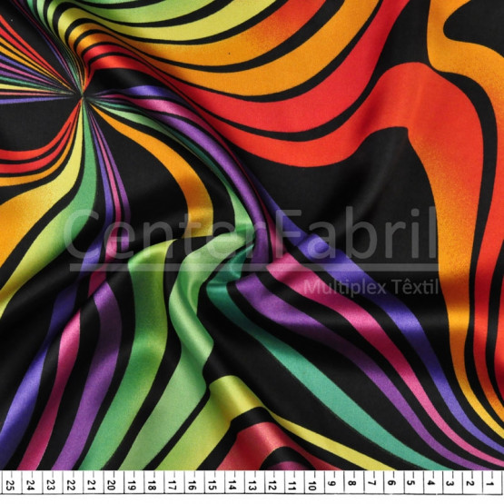 Tecido Cetim Estampado Ondas Coloridas Larg. 1,47mt 100% Poliester 78gr/m2