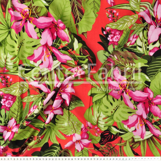 Tecido Viscose Viena Estampa Floral fundo Coral Largura 140cm 100%Viscose 115 gr/m2