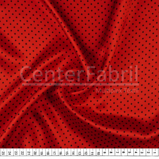 Tecido Cetim Estampado Poá Preto Fdo Vermelho Larg. 1,47mt 100% Poliester 78gr/m2