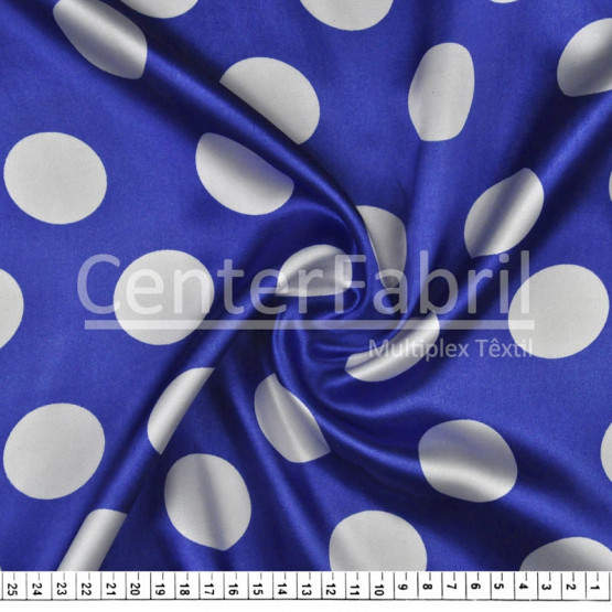 Tecido Cetim Estampado Bola Branca Gd Fdo Azul Royal Larg. 1,47mt 100% Poliester 78gr/m2