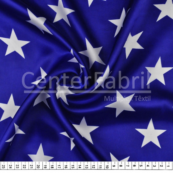 Tecido Cetim estampado Estrela Branca Fdo Azul Royal Mulher Maravilha Larg. 1,47mt 100% Poliester 78gr/m2
