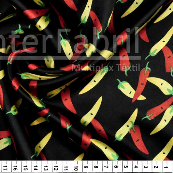 Tecido Cetim Estampa Pimentas Fundo Preto Larg. 1,47mt 100% Poliester 78gr/m2