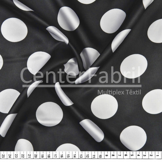 Tecido Cetim Estampado Bola Branca Gd Fdo Pto Larg. 1,47mt 100% Poliester 78gr/m2