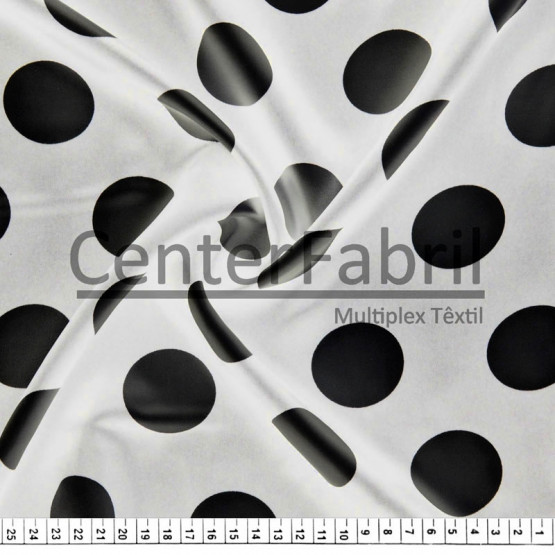 Tecido Cetim Estampado Bola Preta Gd Fdo Bco Larg. 1,47mt 100% Poliester 78gr/m2