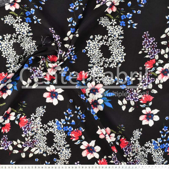Tecido Viscose Viena Estampa Floral fundo Preto Largura 140cm 100%Viscose 115 gr/m2