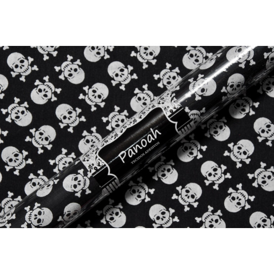 TECIDO ADESIVO Caveira Pirata Fundo Preto 100%ALG 47cm x 1,00cm
