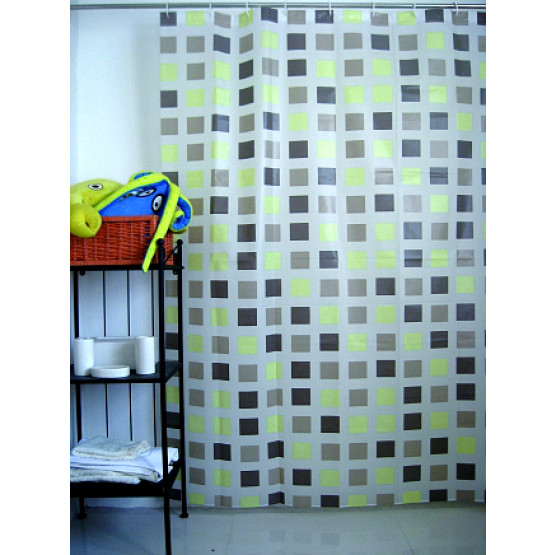 Cortina para Box em PVC  - Quadrados Marrons e Verdes - 178x198cm - Komlog
