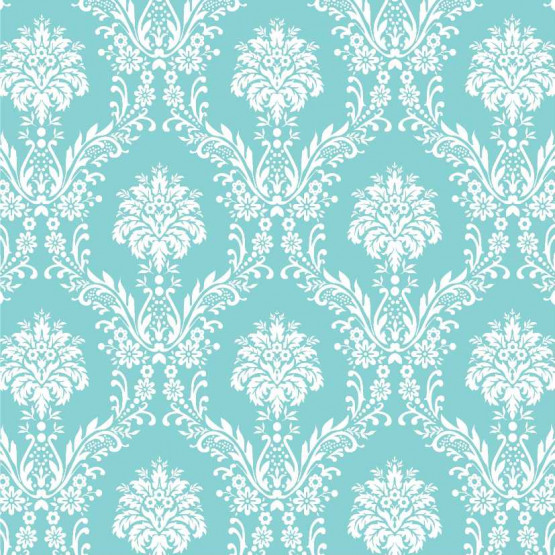 TECIDO ADESIVO Damasco Branco Fundo Turquesa 100%ALG 47cm x 1,00cm