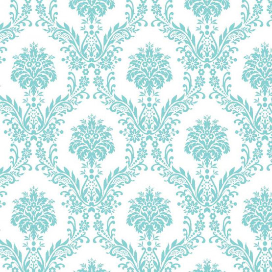 TECIDO ADESIVO Damasco Turquesa Fundo Branco 100%ALG 47cm x 1,00cm