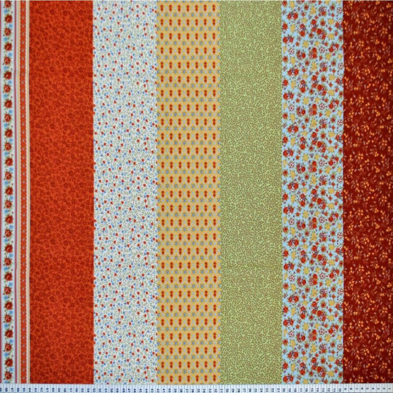 Tricoline estampada barrada floral avermelhado 100% algodão