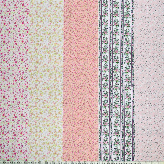 Tricoline estampada barrada floral rosa 100% algodão