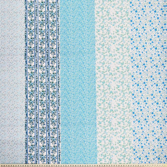 Tricoline estampada barrada floral azul 100% algodão