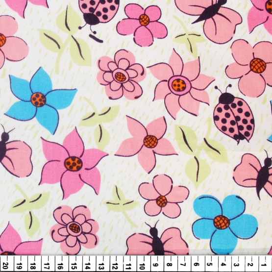 Tricoline estampada floral rosa e azul 100% algodão