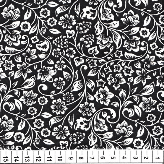 Tecido Tricoline Est  Floral Branco e Preto Largura 150cm 100%Algodão ref.5201G01