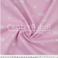 Tecido Tricoline estampa Coroa Branca Fdo Rosa Larg 1,47mt 100%algodão Preço por Metro -120gr/m2