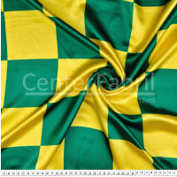 Tecido Cetim estampado Quadrado Verde e Amarelo 10cm Larg. 1,47mt 100% Poliester 78gr/m2