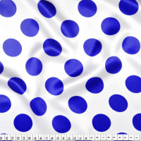 Tecido Cetim Estampado Bola Azul Royal Média e Fundo Branco Larg. 1,47mt 100% Poliester 78gr/m2