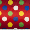 Tecido Cetim Estampado Bolas Coloridas e Fundo Vermelho Larg. 1,47mt 100% Poliester 78gr/m2 - 2