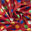Tecido Cetim Estampado Bolas Coloridas e Fundo Vermelho Larg. 1,47mt 100% Poliester 78gr/m2 - 1