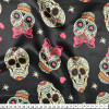 Tecido Cetim Estampado Caveira Mexicana Fundo Preto Larg. 1,47mt 100% Poliester 78gr/m2 - 1