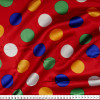 Tecido Cetim Estampa Bolas Coloridas Fundo Vermelho Média Larg. 1,47mt 100% Poliester 78gr/m2 - 1