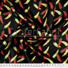 Tecido Cetim Estampa Pimentas Fundo Preto Larg. 1,47mt 100% Poliester 78gr/m2 - 1